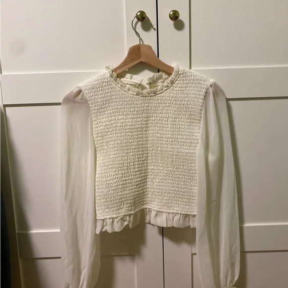 Stylish Cream Textured Blouse with Sheer Sleeves - Picture 2 of 2